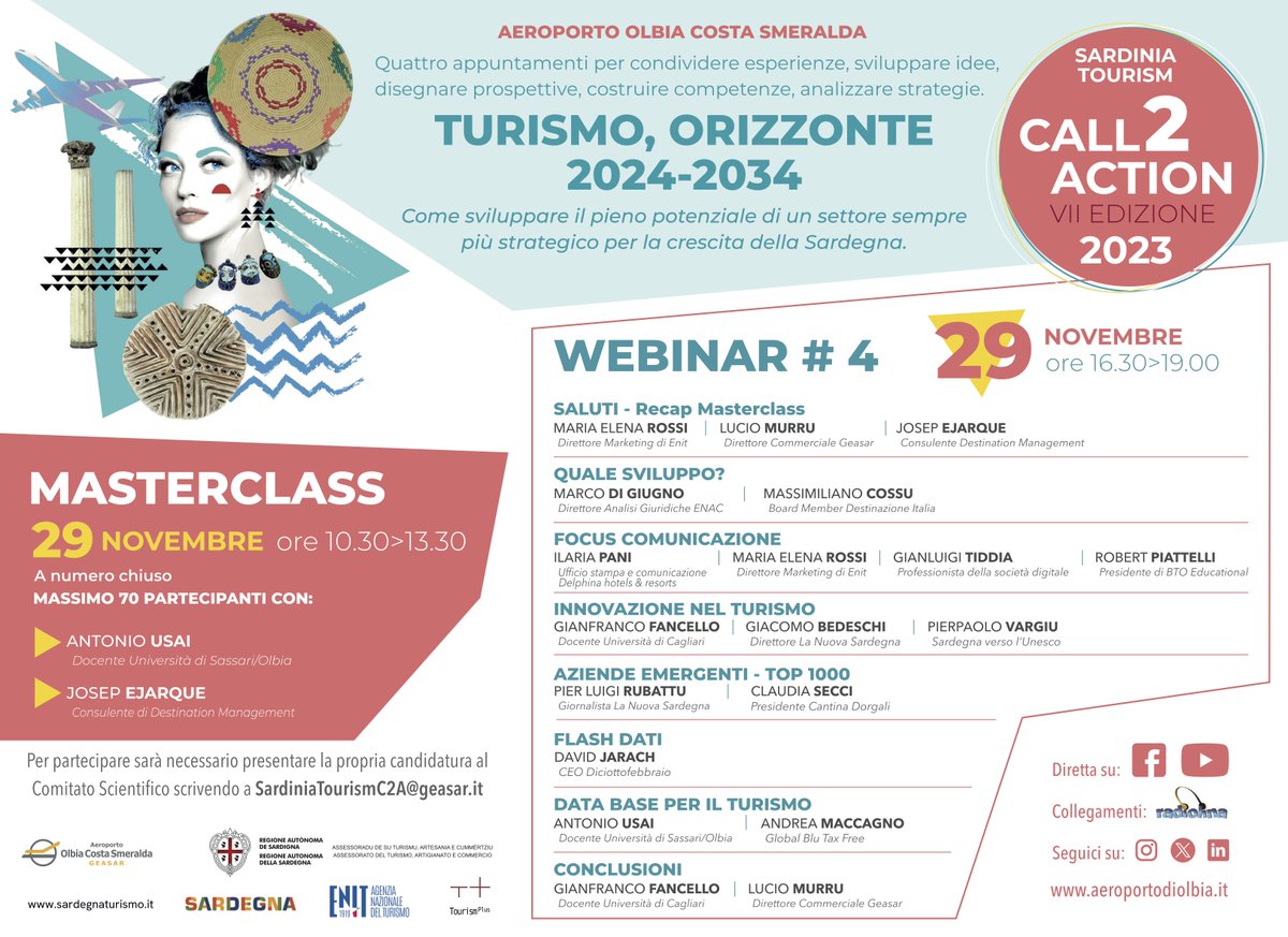 "TURISMO, ORIZZONTE 2024-2034", webinar e masterclass il 29 novembre con il terzo appuntamento di #SardiniaTourismC2A a <a href="/Olbia_Airport/">Aeroporto Olbia Costa Smeralda</a>

Leggi il programma e scopri come partecipare:   
👇 
geasar.it/guida-aeroport…
FB  @SardiniaTourismC2A    
YT  goo.gl/V3frmE