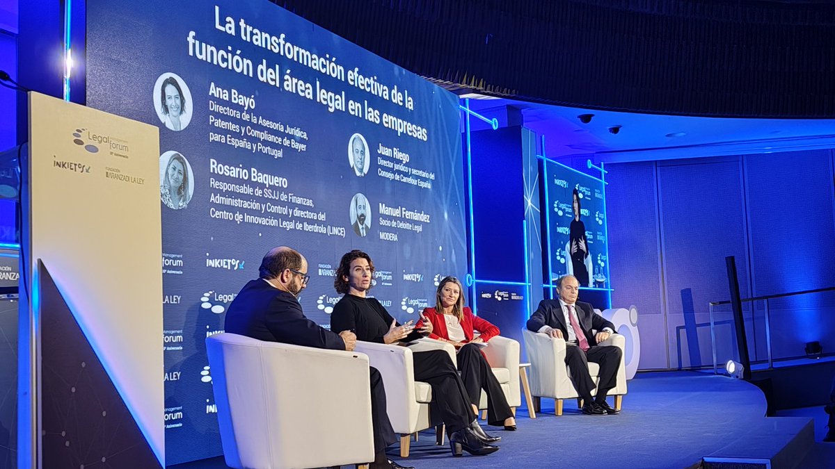 La transformación efectiva de la función del área legal en las empresas, 

Ana Bayó de Bayer
Rosario Baquero de Iberdrola
Juan Riego de Carrefour España

Y moderados por Manuel Fernández de Deloitte Legal

#legalforum23
