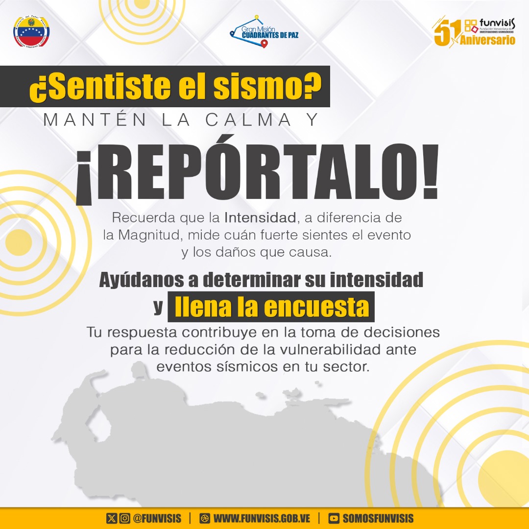 FUNVISIS's tweet photo. ¿Sentiste el sismo? ¿Conoces a alguien que lo sintió?

En @Funvisis ya calculamos la magnitud. Por favor ayúdanos a medir su intensidad llenando el cuestionario en ➡ https://t.co/bFe4ZTOjut

#SismoSentido #CaboCodera https://t.co/U2BqkMeKa9