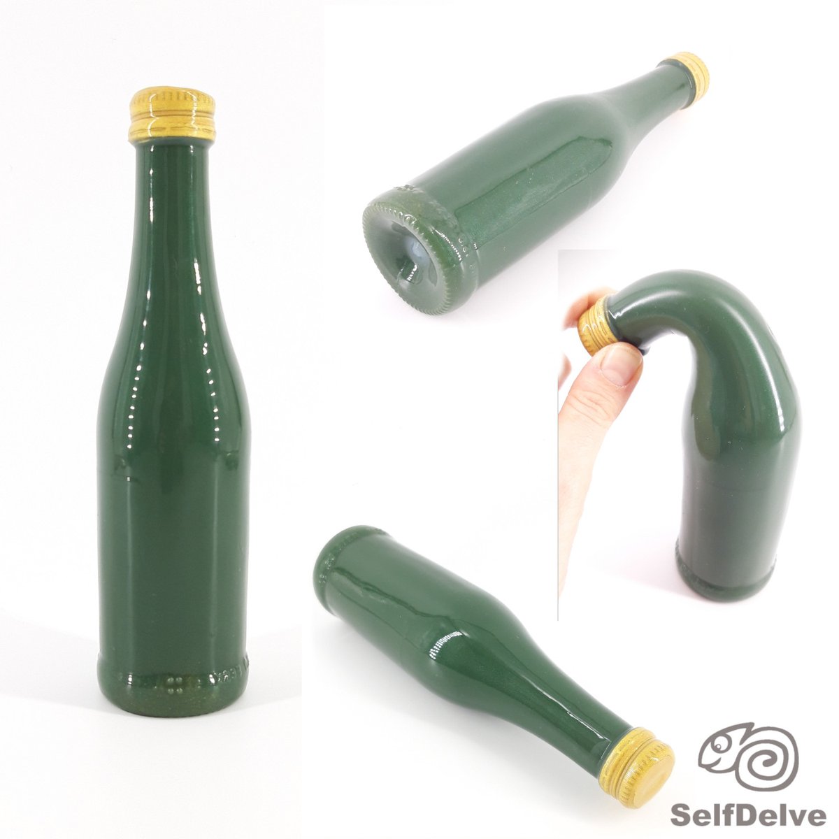 _SelfDelve_'s tweet photo. Ihr seht die sehr weiche Kopie einer 0,2l Proseccoflasche aus dunkelgrün gefärbtem Silikon. Den Deckel habe ich goldfarbig betont. Durch die Transformation in ein ungefährliches Material ist daraus ein cooles Toy geworden. 
#proseccotime  #safetyfirst #selfdelve #handwerkskunst https://t.co/sokESnZGoU