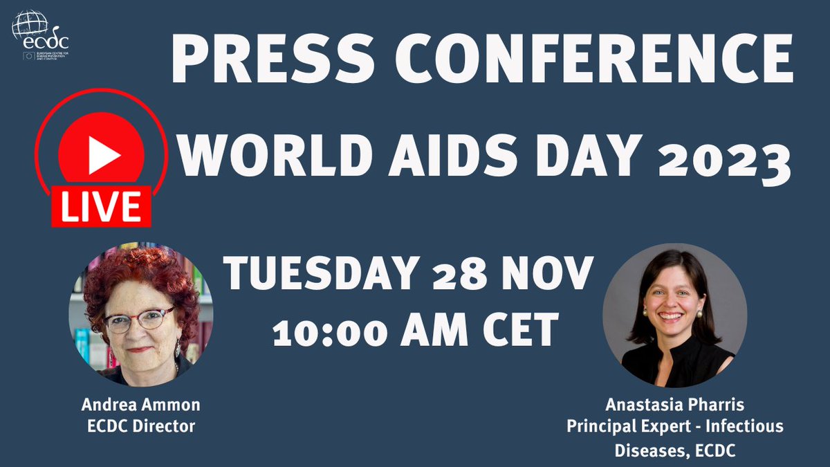 ECDC_EU's tweet photo. #ForMedia!
28 November ➡ 10:00 CET
#ECDCPressConf on the current status of #HIV/#AIDS in Europe and assesses progress towards the 2030 targets.
Speakers:
➡ Andrea Ammon - ECDC Director
➡ Anastasia Pharris - ECDC
Register here: https://t.co/RSUQQZYlXx
#WorldAIDSDay https://t.co/xCwWu7YL8W