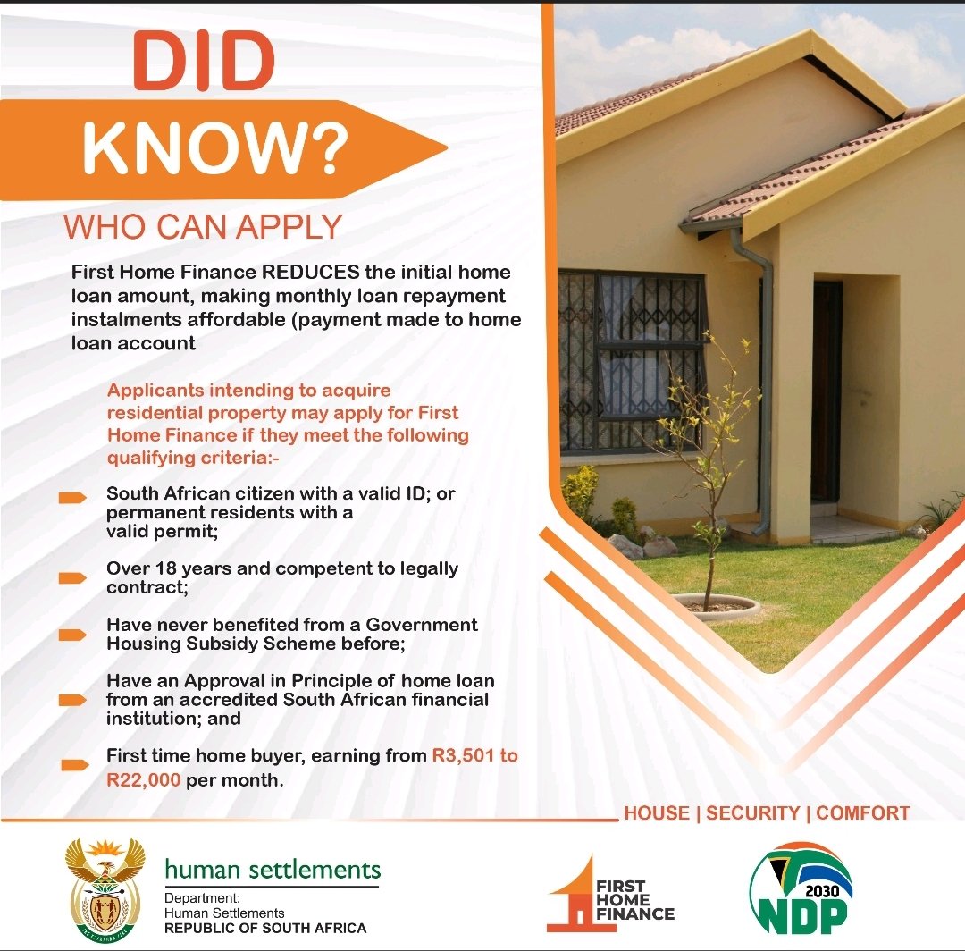The_DHS's tweet photo. [DID YOU KNOW] 🇿🇦! You can become a first-time homeowner through #FirstHomeFinance  if you earn between 3 501 and 22 000 per month. 
Apply online @ 
https://t.co/gQaslqsdyT or call 010 825 2199 for more information

#NHFC #FirstHomeFinance https://t.co/Uik4lnZgQt