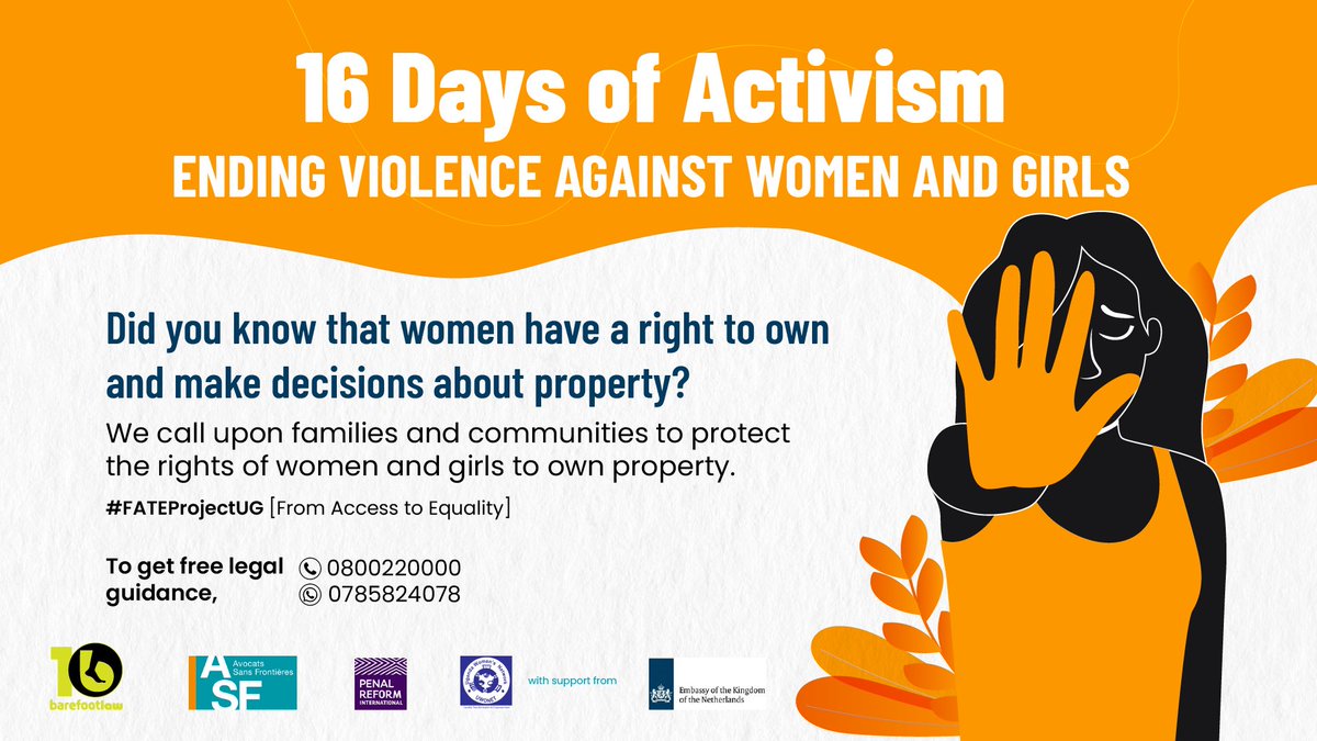 barefootlaw_org's tweet photo. Women have the right to own and make decisions about property. The laws of Uganda say that any customs or traditions that stop or deny women the right to own property are unconstitutional.

#FATEProjectUG - From Access to Equality

#16DaysOfActivism2023 #16Days2023 https://t.co/f64xHaLDWS