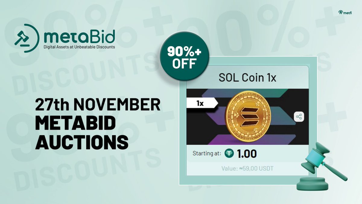 MetFi_DAO's tweet photo. Today on #MetaBID

🔗 https://t.co/TIs532Qs8F

 💲#SOL Coin 1x from @solana

Opening Price - 1 USDT

Minimum discount - 90% 

Happy Bidding! 🚀 https://t.co/QXj5lWb8UB