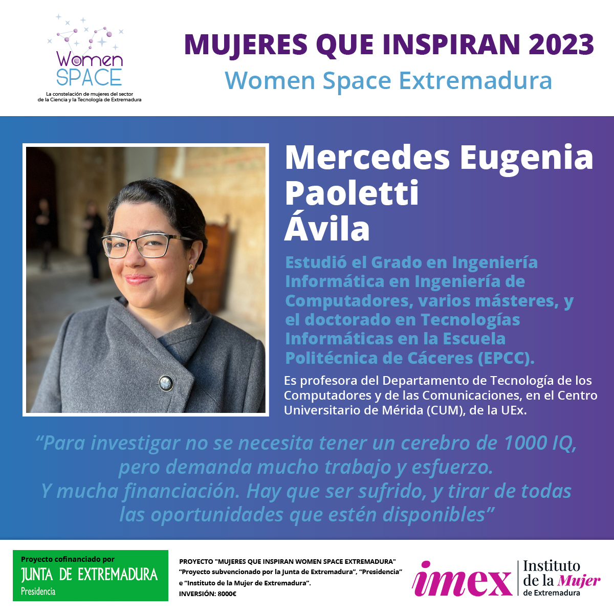✨ 𝐌𝐔𝐉𝐄𝐑𝐄𝐒 𝐐𝐔𝐄 𝐈𝐍𝐒𝐏𝐈𝐑𝐀𝐍 𝟐𝟎𝟐𝟑 ✨

Os presentamos a 𝐌𝐞𝐫𝐜𝐞𝐝𝐞𝐬 𝐄. 𝐏𝐚𝐨𝐥𝐞𝐭𝐭𝐢 𝐀́𝐯𝐢𝐥𝐚, profesora del dpto. de Tecnología de los Computadores y de las Comunicaciones, en el Centro Universitario de Mérida, de <a href="/infouex/">UEx</a>  👉 womenspace.es/2023/11/07/mer…
