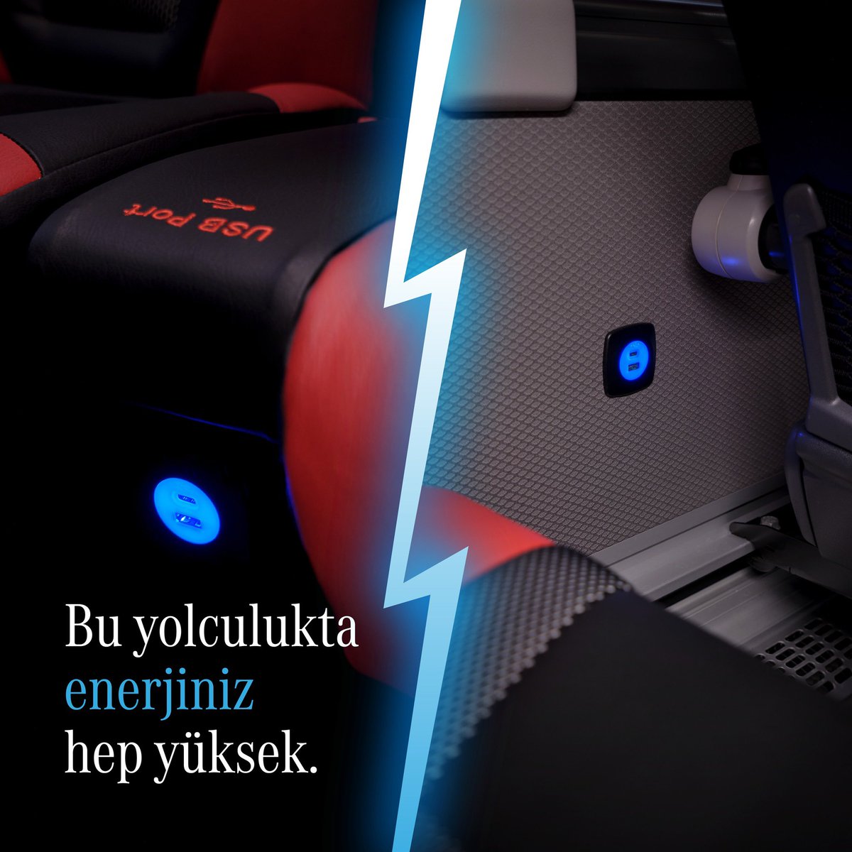 Uzun seyahatler enerjinizi düşürmesin.

Seyahat otobüslerimizdeki A+C girişli USB bağlantıları sayesinde elektronik cihazlarınızı şarj edebilir, teknolojiyle bağlantınızı hiç kesmeden keyifli bir yolculuk yapabilirsiniz.

İyi yolculuklar! ⚡