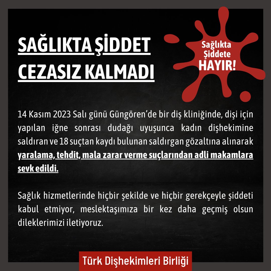 SAĞLIKTA ŞİDDET CEZASIZ KALMADI

#türkdişhekimleribirliği #turkdishekimleribirligi #diş #sağlık #dişhekimi #tdbhaber #tdbd #dişhekimliği #tdböğrencikolu #fdi #BilimselDişhekimliği #sağlıktaşiddetehayır #sağlıktaşiddet