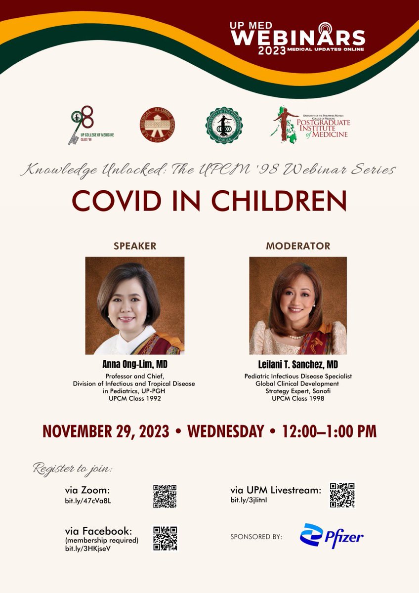 UPCM98's tweet photo. Join our webinar on COVID IN CHILDREN on Nov 29, Wednesday, 12nn.. brought to you by the 2023 Silver Jubilarians, UPCM ‘98!

• Zoom – https://t.co/EHq0qeU25N
• Facebook – https://t.co/cWCFvxAOpI
• UPM Livestream – https://t.co/jm6qmPOnFl

@UPManilaOnline #COVID #UPCM98 https://t.co/SKOdn2rl9s