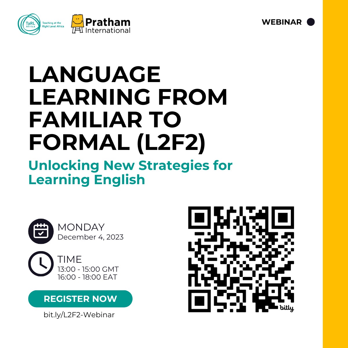 TaRL Africa (@tarl_africa) on Twitter photo Have you registered for our #webinar to learn more about the innovative 'Language Learning from Familiar to Formal' (L2F2) methodology pioneered by <a href="/TaRL_Africa/">TaRL Africa</a> & <a href="/Pratham_Intl/">Pratham International</a>
SIGN UP on us06web.zoom.us/webinar/regist…
Don't miss the #webinar on Dec 4, 1-3 pm GMT. Have you registered for our #webinar to learn more about the innovative 'Language Learning from Familiar to Formal' (L2F2) methodology pioneered by <a href="/TaRL_Africa/">TaRL Africa</a> & <a href="/Pratham_Intl/">Pratham International</a>
SIGN UP on us06web.zoom.us/webinar/regist…
Don't miss the #webinar on Dec 4, 1-3 pm GMT.