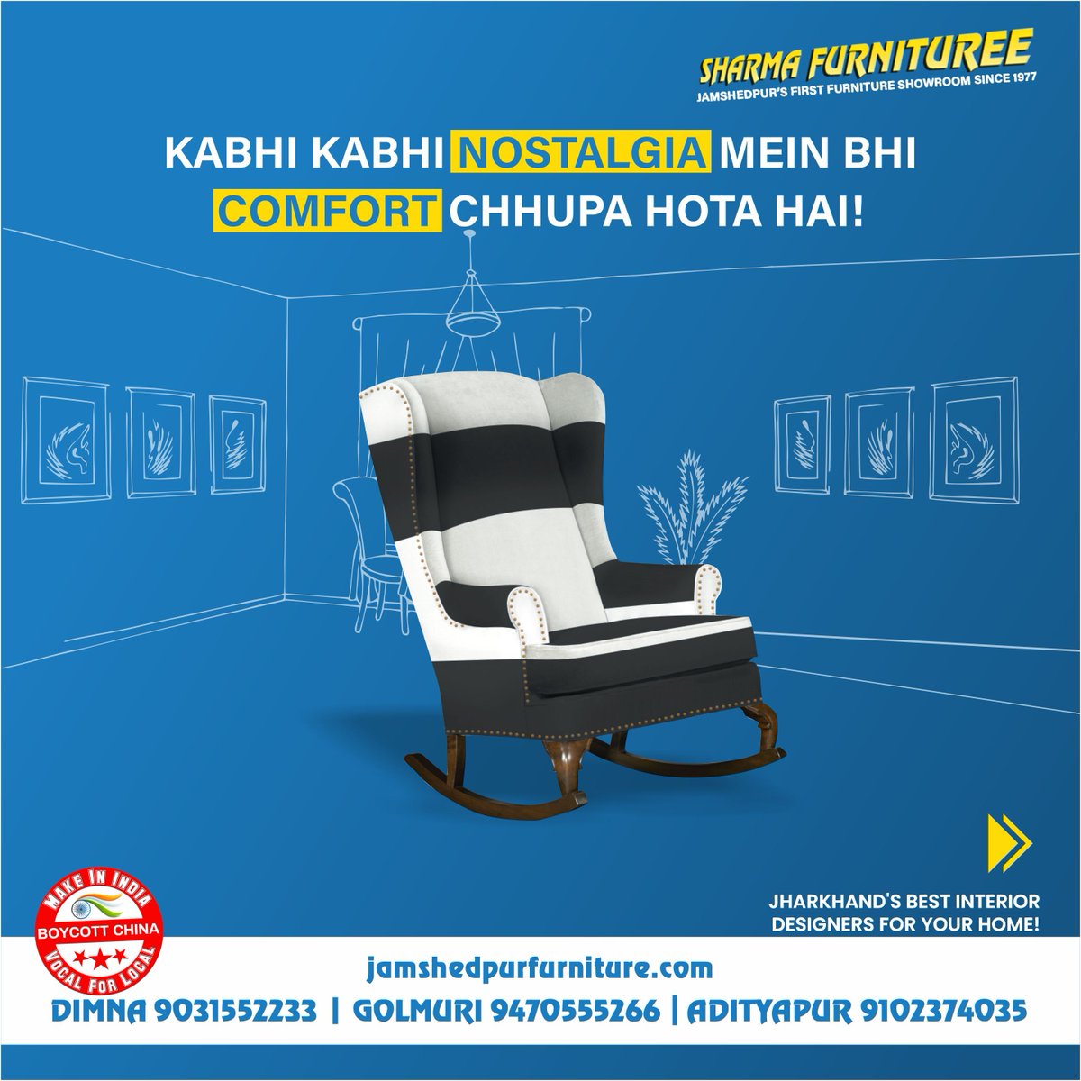 Sharma19751's tweet photo. Sharma Furnituree के Rocking Chair - Rock and Relax का Ultimate Combo।  क्यूंकि यहां Style में भी Swag मिलेगा।  खरीदो , Feel करो और Rock करो. 

#furnituresale #furniture #jamshedpur #furnitureshop #furnituremanufacturer #up #makeinindia #indiamade #diyfurniture #furniturehacks https://t.co/GGxJX7nYDG