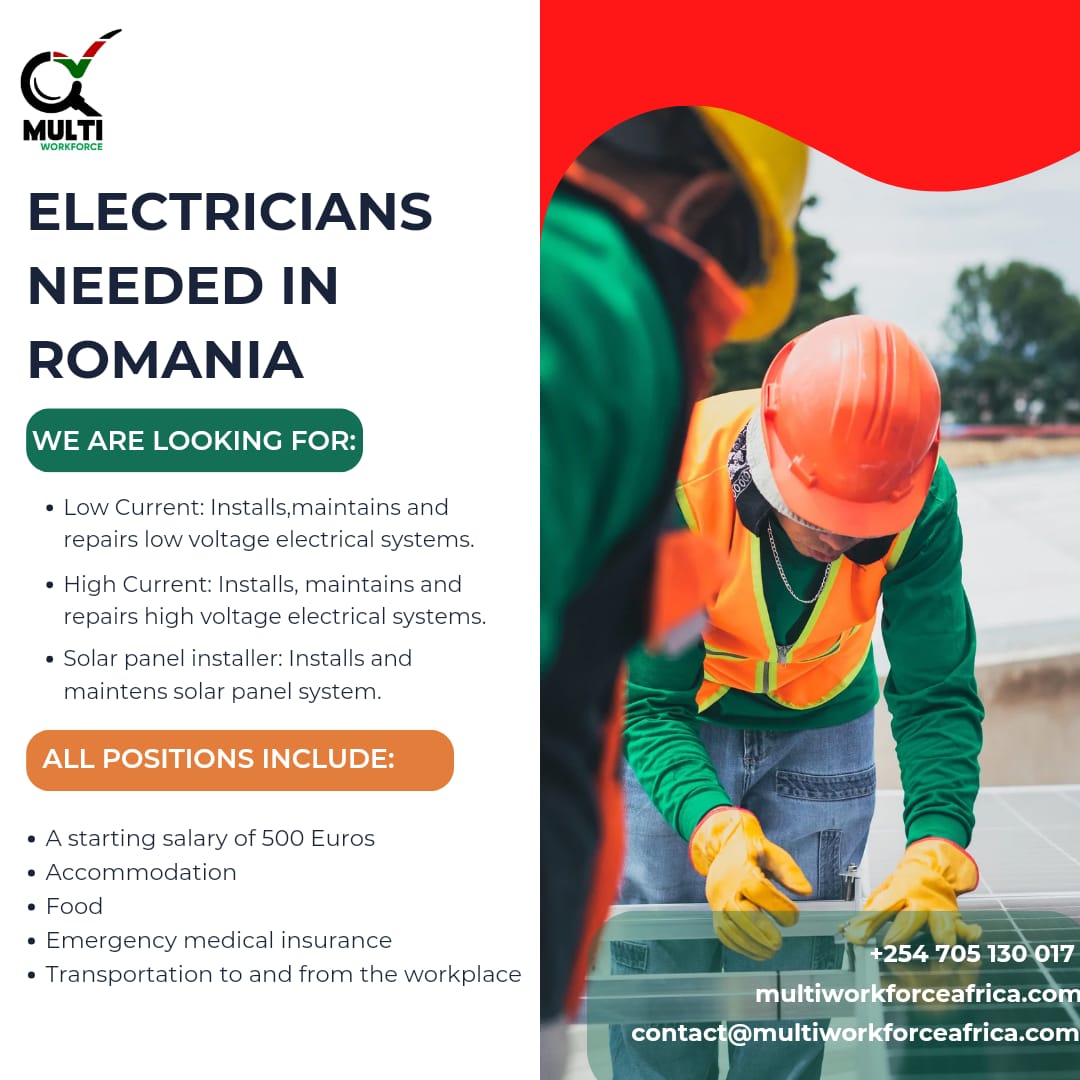 JobhubKenya's tweet photo. Electrician Jobs in Romania.
Qualifications: Relevant experience in strong currents strong or weak 
contact@multiworkforceafrica.com or visit our website https://t.co/PW3p0m5qF1 for more comprehensive details.or application form link :https://t.co/iymRhpCvcT https://t.co/u3ygejjImm