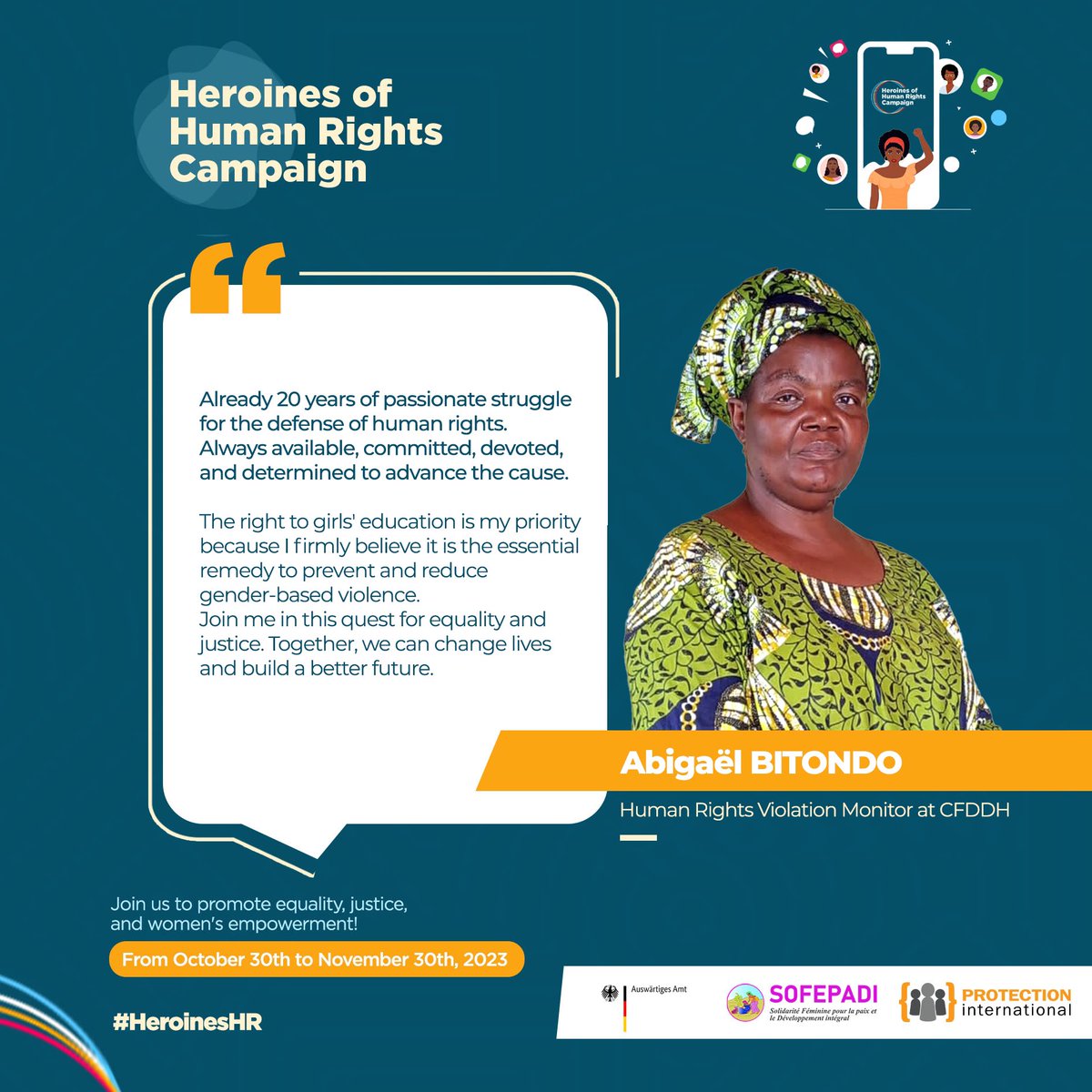 sofepadi's tweet photo. 20 years of passionate struggle for the defense of human rights. Always available, committed, and determined to advance the cause. The right to girls' education is Bitondo's top priority, as she firmly believes it is the essential remedy to prevent and reduce #GBV

#HeroïnesDH https://t.co/8uviFHf5qT