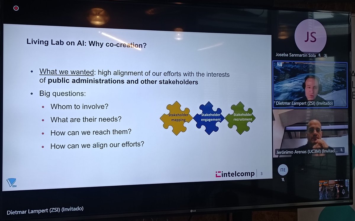 IntelComp_H2020's tweet photo. Our Living Labs Coordinator, Dietmar Lampert from @ZSInnovation presents the importance of the AI Living Lab, and David Gago, leader of the #AI LL from @SEDIAgob gives us an overview about the work done and achievements reached 😃
#BepartofIntelComp #H2020 #policymaking #data https://t.co/zWJZRSXXy1