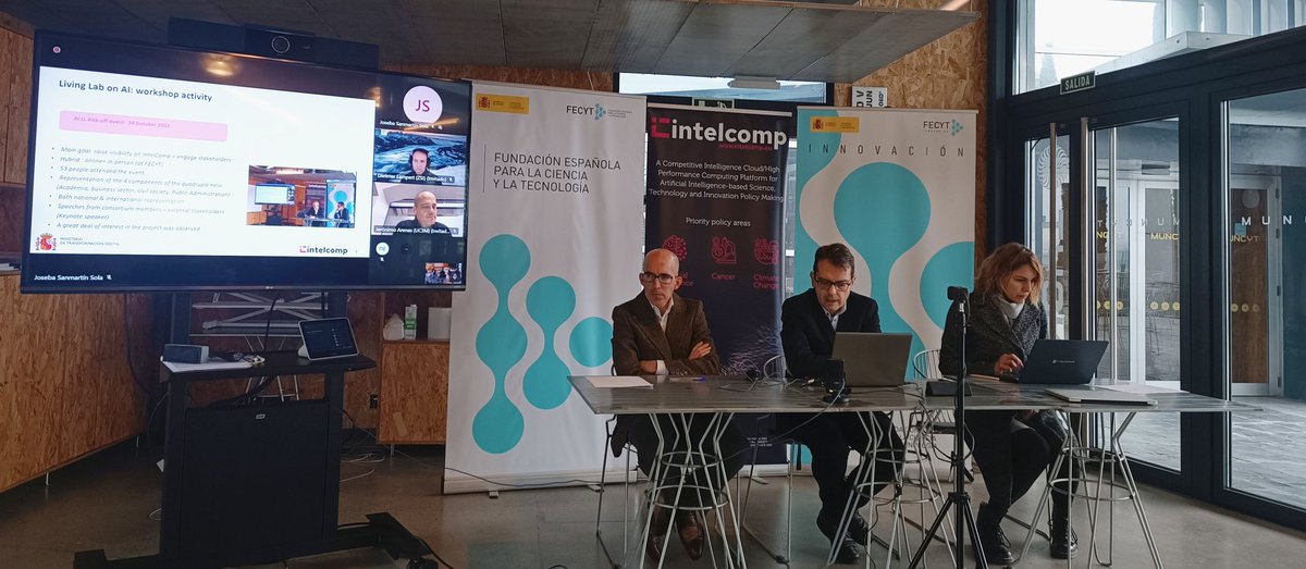 IntelComp_H2020's tweet photo. Our Living Labs Coordinator, Dietmar Lampert from @ZSInnovation presents the importance of the AI Living Lab, and David Gago, leader of the #AI LL from @SEDIAgob gives us an overview about the work done and achievements reached 😃
#BepartofIntelComp #H2020 #policymaking #data https://t.co/zWJZRSXXy1