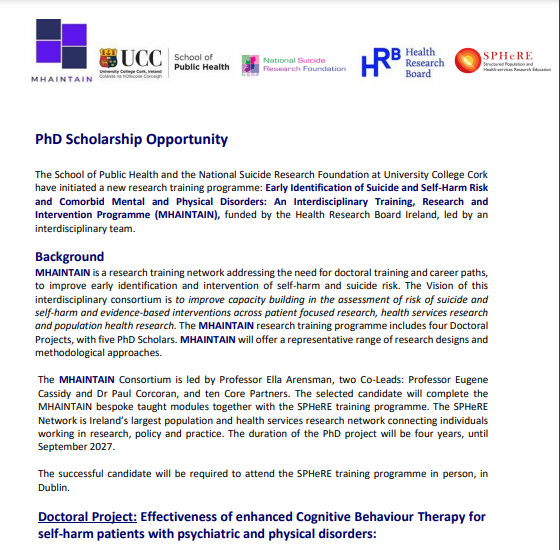 New PhD scholarship opportunity at the NSRF & @UCCPublicHealth Applications are invited for a doctoral project on the effectiveness of enhanced Cognitive Behaviour Therapy on the @hrbireland funded MHAINTAIN programme Read more here: tinyurl.com/3sjr8bxd #SuicidePrevention