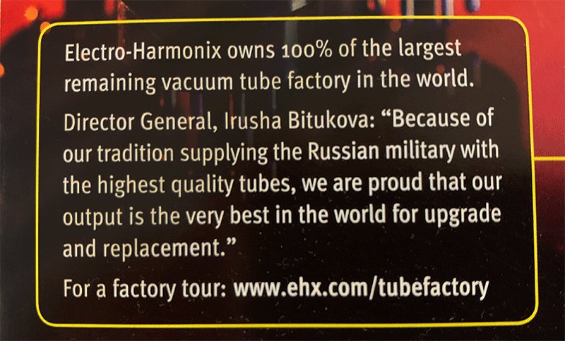 Locomofon's tweet image. We've received the "good news" of Russian manufactured tubes being back on the European market. We will _not_ be stocking these until Russia leaves #Ukraina . This applies to the entire @ehx tube catalogue including #Sovtek,  #Genalex and their "Mullard" and "Tung-Sol" line.