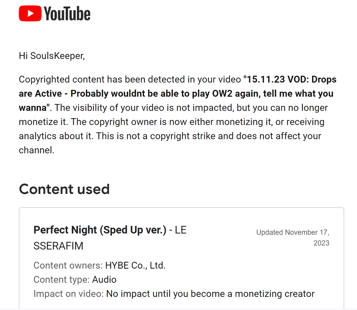 TheSoulsKeeper's tweet photo. @TeamYouTube the email said the video receive no strikes but indeed get demonetized, it might have changed on your end, if it it did I am not able to see it's status but i can show you the email https://t.co/vkzL58rAbl