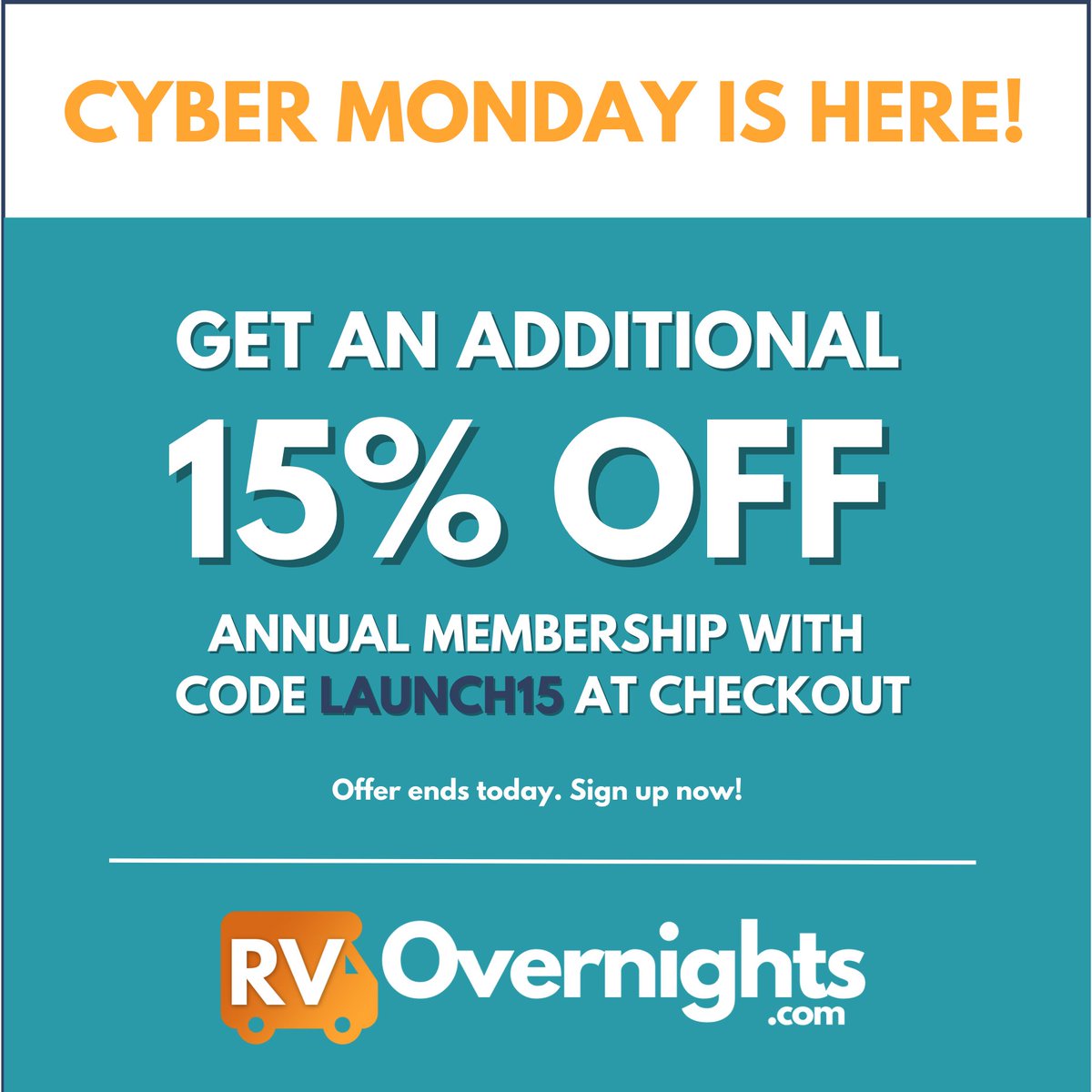 RVOvernights's tweet photo. LAST CALL! Today is your LAST CHANCE to get amazing savings on RVOvernights - pay only $25.50 for your first year, a massive 50% off our usual price of $49.99!!!! Don't miss out on this incredible offer before it's gone. https://t.co/cfCzIsXysI