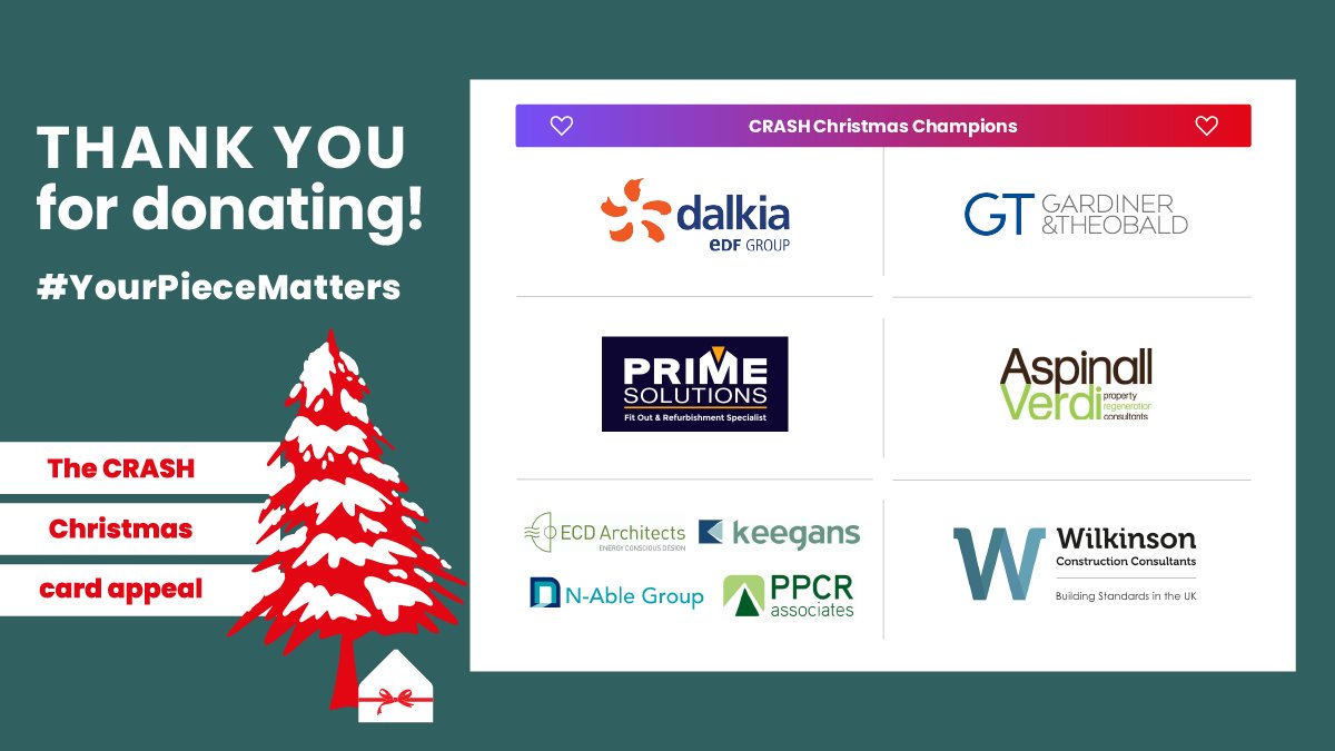 THANK YOU to #christmaschampions Dalkia UK &amp; <a href="/gt_llp/">Gardiner & Theobald</a> and fellow donors <a href="/PSRefurbishment/">Prime Solutions UK</a>, <a href="/AspinallVerdi/">AspinallVerdi</a>, N-Able Group &amp; <a href="/Wilkinson_CC/">Wilkinson CC</a> for donating to the CRASH Christmas card appeal 2023 #YourPieceMatters
DONATE &amp; support your industry charity 👉crash.org.uk/christmas/