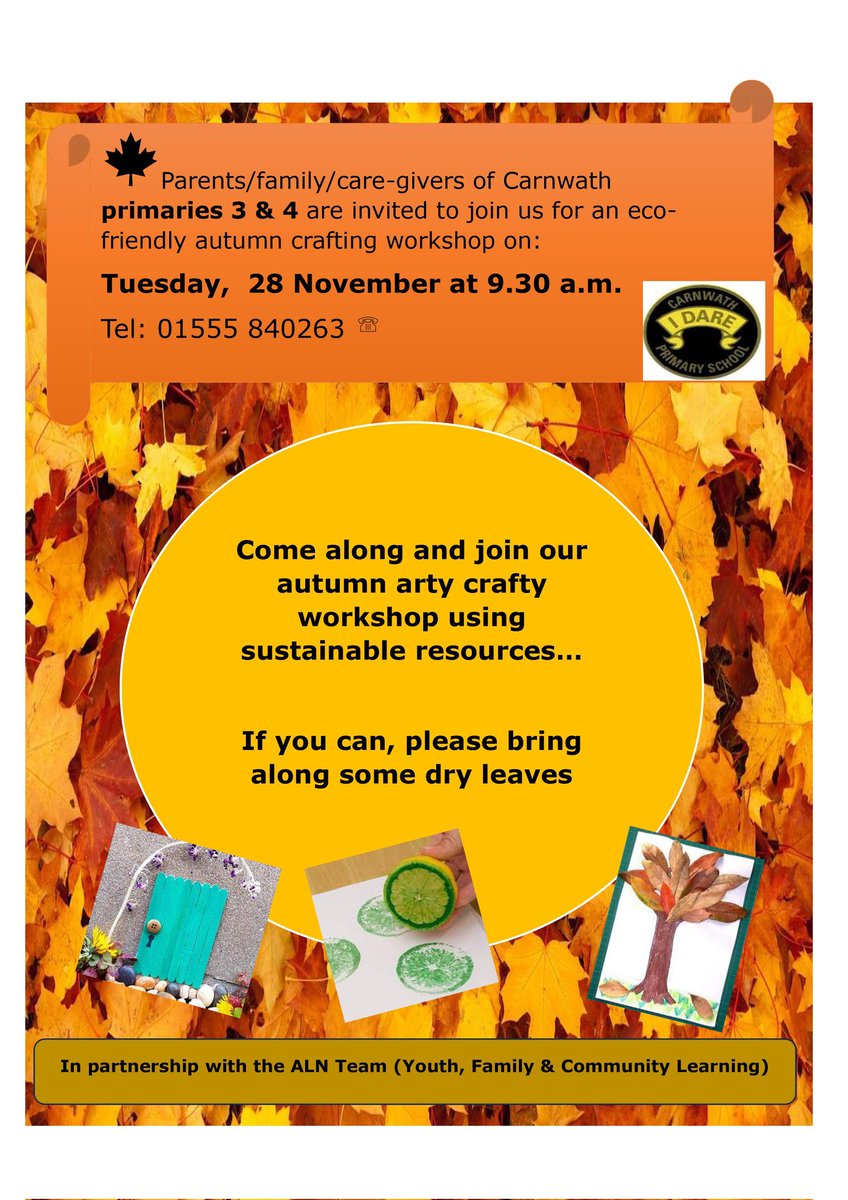 BoostSlc's tweet photo. "Calling all parents, families and caregivers of children in primaries 3 &amp; 4. You are welcome to join the ALN Team at 9.30 a.m. on Tuesday 28 November at Carnwath Primary for some sustainable crafting ideas. Phone the school to secure your place on 01555   840263 to book a place. https://t.co/Iocdtx6x2L