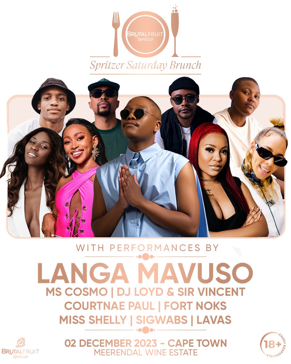 brutalfruitsa's tweet photo. The grand finale of the Brutal Fruit #SpritzerSaturdayBrunch is making its way to the beautiful Cape Town, and we're bringing you an AMAZING lineup of artists! Get ready for a brunch that's set to be the talk of the town! #YouBelong https://t.co/hH225RAHsF