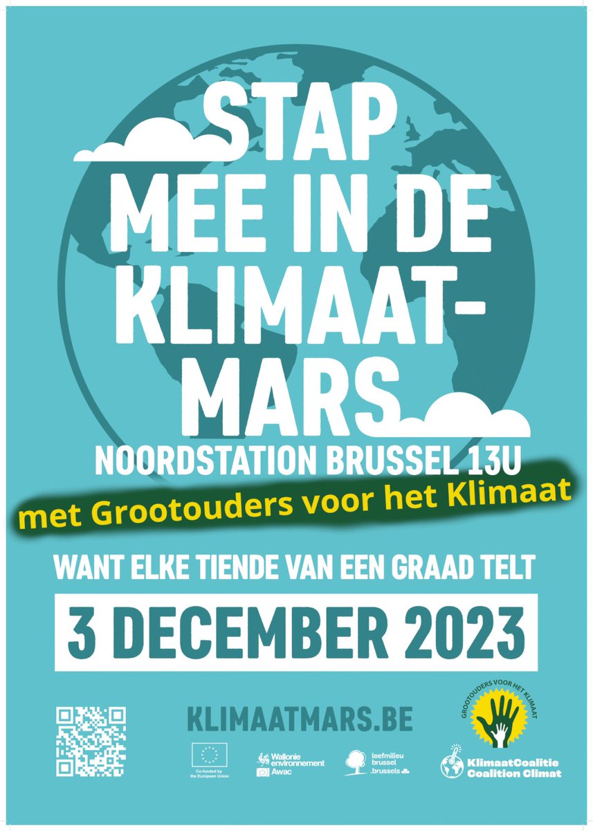 Loop zondag 3 december met ons mee in de #klimaatmars ! Laat alle actoren van onze samenleving zien dat het hoog tijd is dat alle politici hun #zorgplicht nakomen.
Hoog tijd om verdere ontsporing van het #klimaat tegen te gaan.
Sluit aan bij onze klieks :
grootoudersvoorhetklimaat.be/klimaatmars202…
