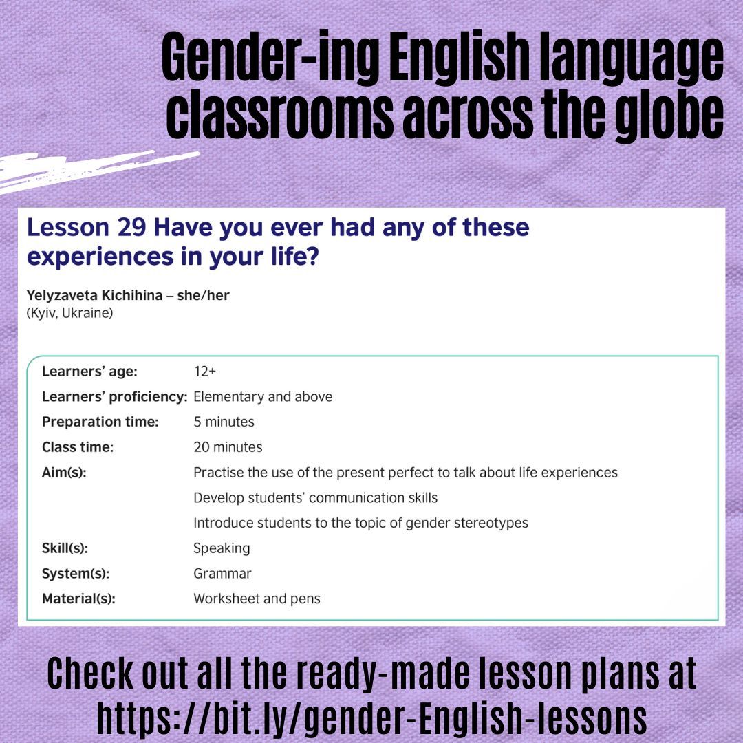 One of the @GenderingELT participants in Ukraine has designed a thought-provoking 'find someone who' activity aimed at bringing gender discussions to the English language classroom. Download the full lesson and the worksheet for free at bit.ly/gender-English… @TeachingEnglish