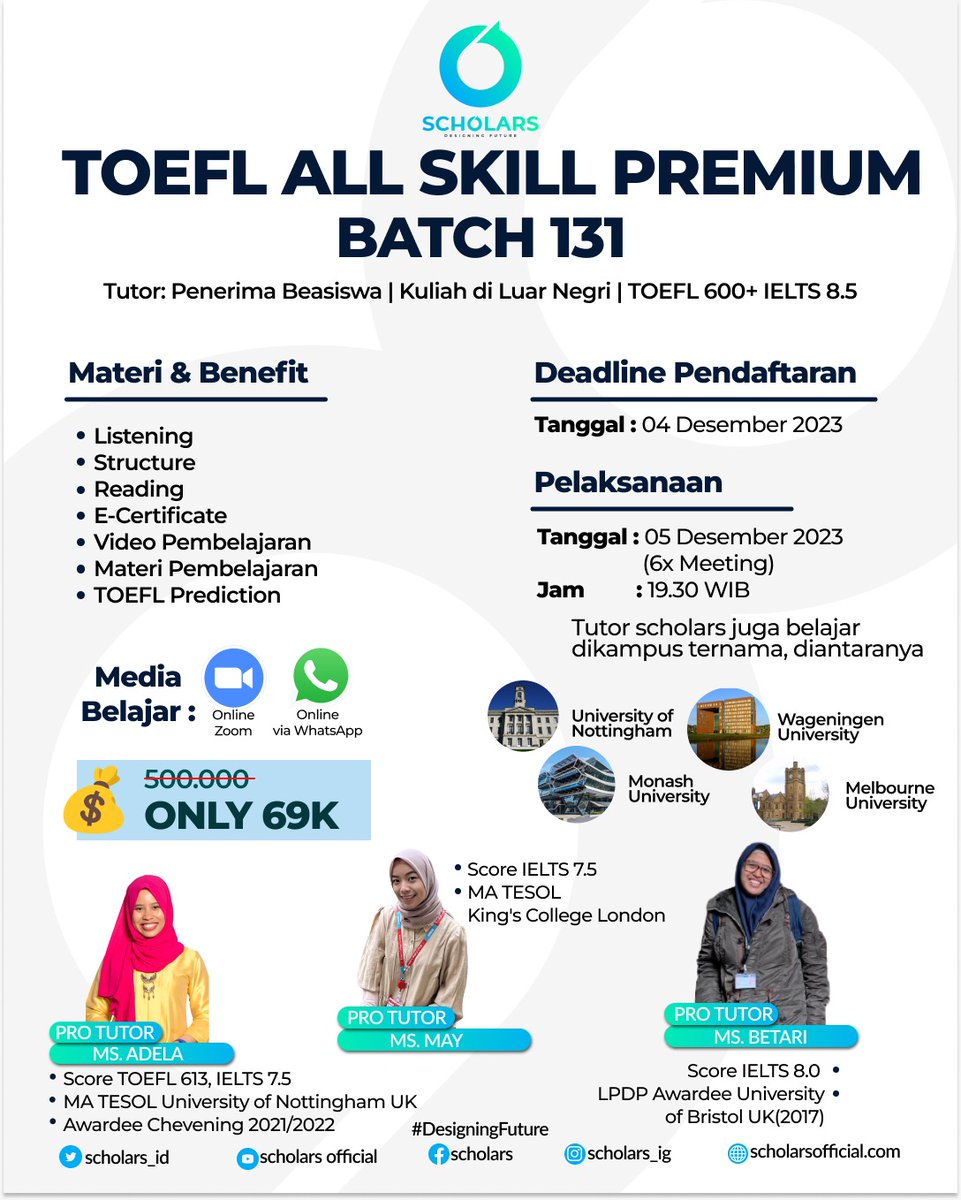 xnhanaaa's tweet photo. 📚 TOEFL ALL SKILL PREMIUM
📌 Kelas TOEFL all skill 1 Minggu, free 2× TOEFL Prediction Test, akses modul dan recording pembelajaran
#TOEFL #IELTS #lesbahasainggris #beasiswa #kursusbahasainggris #Scholarship #testoefl #kursustoefl #lestoefl #les #kursus https://t.co/BoRAAJgq7W