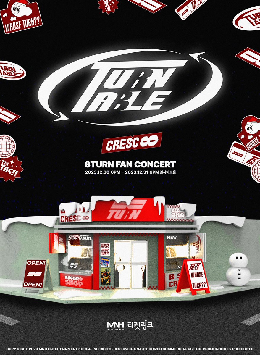 8TURN_official's tweet photo. [📢]
8TURN FAN CONCERT [TURN TABLE : cresc. ∞] 티켓 오픈 안내

✔ 티켓 오픈 일시 : 2023.11.30 (목) 8PM 
✔ 예매처 : 티켓링크 (https://t.co/2Dan9C6Mln)
 
▶️ https://t.co/8U8J6Wjp3y

#8TURN #EIGHT_TURN #에잇턴 #エイトターン #TURNTABLE https://t.co/1h6wdYLrZE