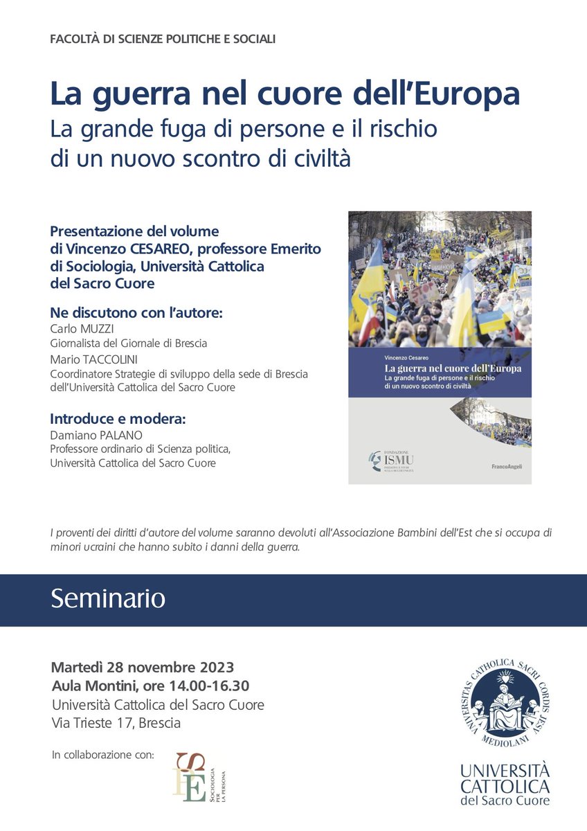 WelfResp's tweet photo. 🎯Appuntamento a domani, 28 novembre, ore 14.00 presso @Unicatt - Campus di Brescia, per la presentazione del volume  
“La guerra nel cuore dell’Europa” di Vincenzo Cesareo 
Non mancate! https://t.co/OBTr0niBNT