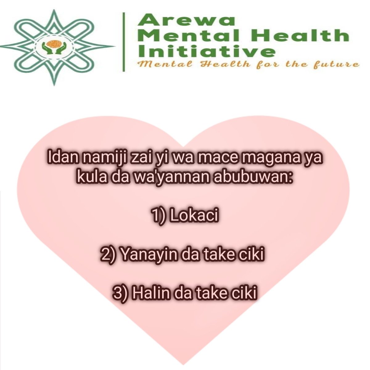 arewamhi's tweet photo. Idan namiji zai yi wa mace magana ya kula da wa'yannan abubuwan:

1) Lokaci

2) Yanayin da take ciki 

3) Halin da take ciki

© AREWA Mental Health Initiative https://t.co/R5A6CgAdi4