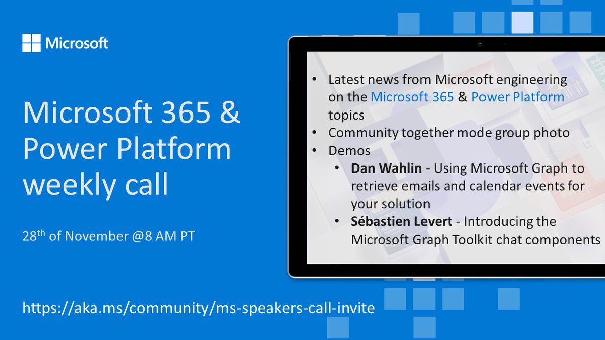 Microsoft365Dev's tweet photo. π Agenda for the #Microsoft365dev & #PowerPlatform call 28th of November
- The latest news
- Focus this time on #MicrosoftGraph, AI integration and #MicrosoftGraphToolkit
- Presented by @DanWahlin and @sebastienlevert
...and more π
π Join the call β https://t.co/sQosDGDdkb https://t.co/Erj4bYoJcT