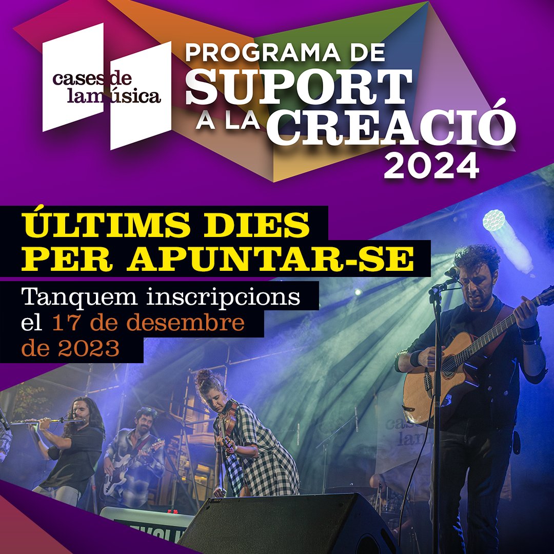 CMusicaManresa's tweet photo. 📢 PROGRAMA DE SUPORT A LA CREACIÓ 📢

Compte enrere per tancar la convocatòria del nostre PROGRAMA DE SUPORT A LA CREACIÓ. Així que, aprofita si ets artista o tens una banda, perquè et pot interessar👇

APUNTA'T fins aquest diumenge 17 de desembre 👉 https://t.co/whxlPxHDCV https://t.co/EJoiLJj87k