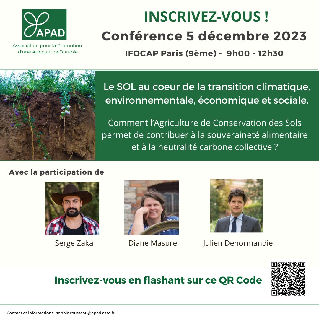 Conférence APAD 5 décembre 2023 avec <a href="/SergeZaka/">Dr. Serge Zaka (Dr. Zarge)</a> <a href="/J_Denormandie/">Julien Denormandie</a> - Derniers jours pour vous inscrire ! 
INSCRIVEZ-VOUS : helloasso.com/associations/a…
#ACS #ducarboneaucoeurdessols #RSE #carbone #biodiversité