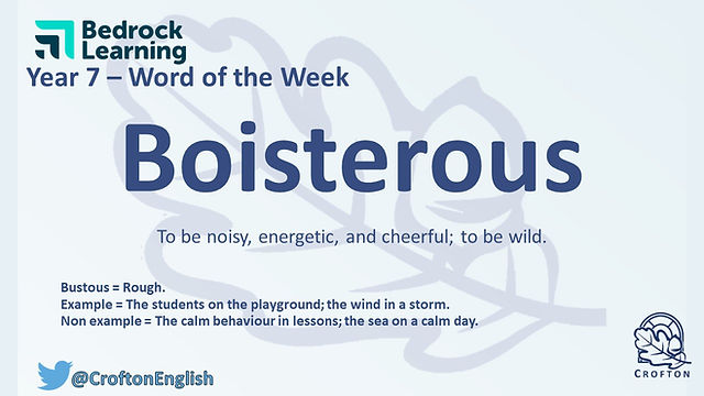 CroftonEnglish's tweet photo. Our Words of the Week for KS3 this week are: boisterous, docile, and chastise.
https://t.co/jJBSP0mlg0
@SchoolCrofton @Bedr0ckLearning #vocabulary #wordoftheweek #bedrocklearning #literacy https://t.co/usLq5GoL8y