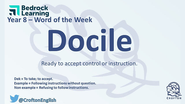 CroftonEnglish's tweet photo. Our Words of the Week for KS3 this week are: boisterous, docile, and chastise.
https://t.co/jJBSP0mlg0
@SchoolCrofton @Bedr0ckLearning #vocabulary #wordoftheweek #bedrocklearning #literacy https://t.co/usLq5GoL8y