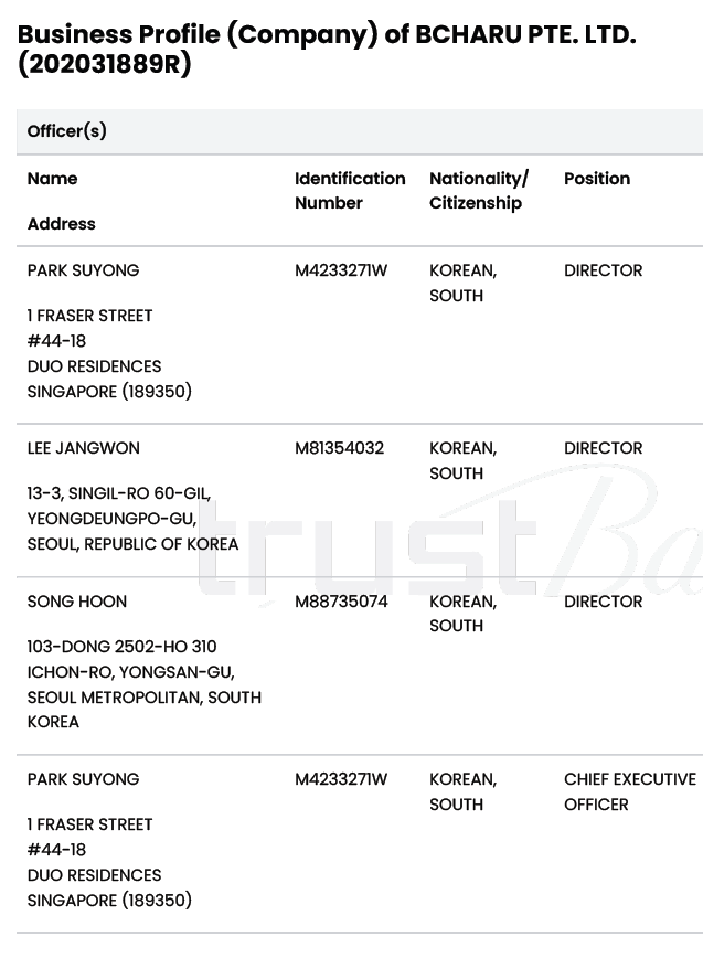 striketruetime's tweet photo. @haruinvest The criminal organisation Haru Invest registered in Singapore as BCHaru Pte Ltd. You can send legal letters, report their directors to law enforcement and seek the recovery of yiur stolen assets by going to the below addressses.  Park Suyong, Song Hoon and Lee Jangwon. https://t.co/6ezmTA1qQP