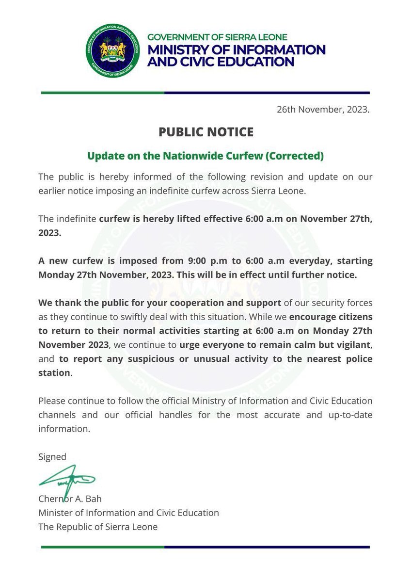 Following the national address by His Excellency <a href="/PresidentBio/">Barram</a> last evening, assuring citizens of calm, the nationwide curfew has been revised accordingly-it now holds from 9pm-6am daily until further notice.