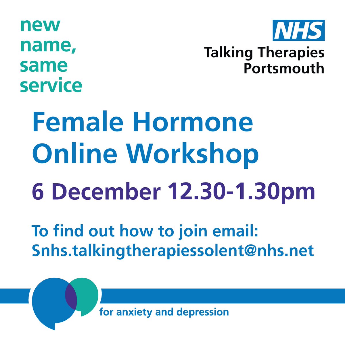We (soon to be NHS Talking Therapies Portsmouth) will be running a female hormone online workshop, for anyone who is affected by female hormones whether directly or indirectly (partners, employers etc).