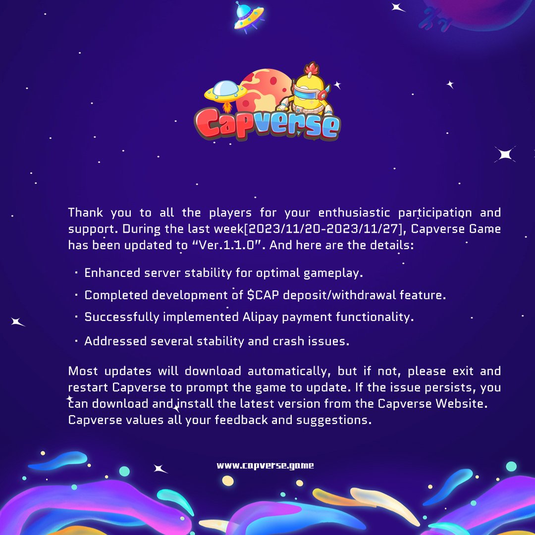 capinfra_io's tweet photo. 📢 #CapverseUpdate Notice [Nov. 20- Nov. 26]

Last week, we performed hot updates on the App and addressed several bugs and crash issues.

👇 Check out the pics below for the details
✅ Stay tuned for weekly updates
#gameupdate #PlayToEarn #NFTs https://t.co/nmMSXyhDCs