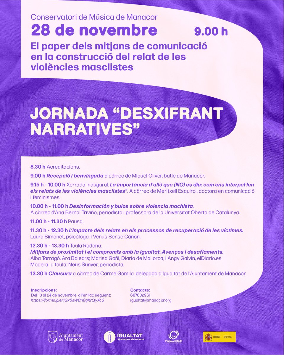 📲💻📸🎥📺🎚📻

DESXIFRANT NARRATIVES és una jornada sobre el paper dels mitjans de comunicació en la construcció de les violències masclistes.

🟣 Una jornada organitzada pel departament d'Igualtat de l'<a href="/ajManacor/">Ajuntament de Manacor</a> i que comptarà amb professionals i testimonis de primer nivell.
