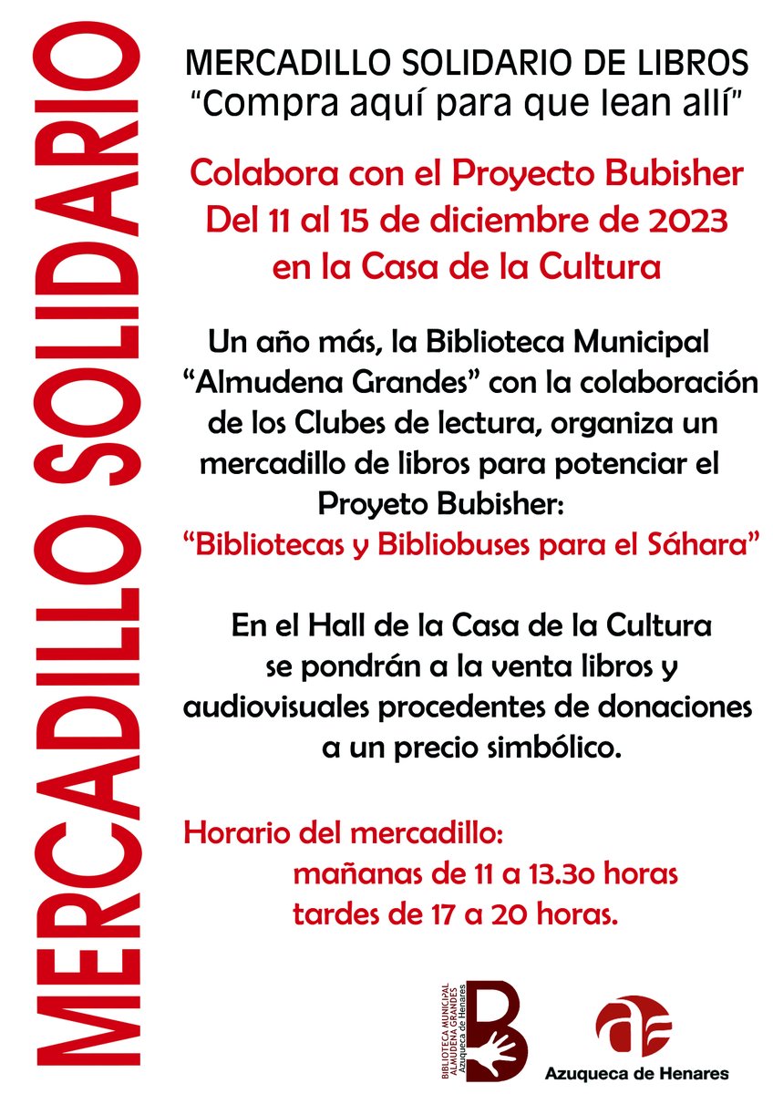 📢 HOY comienza el Mercadillo solidario de libros📚
La recaudación se destinará a <a href="/saharabubisher/">saharabubisher</a> para fomentar la lectura en los campamentos de refugiados Saharauis.
🗓️ Del 11 al 15 de diciembre
⏰ De 11 a 13.30 y de 17 a 20 h.
📍Casa de la Cultura
#BibliotecaDeAzuqueca