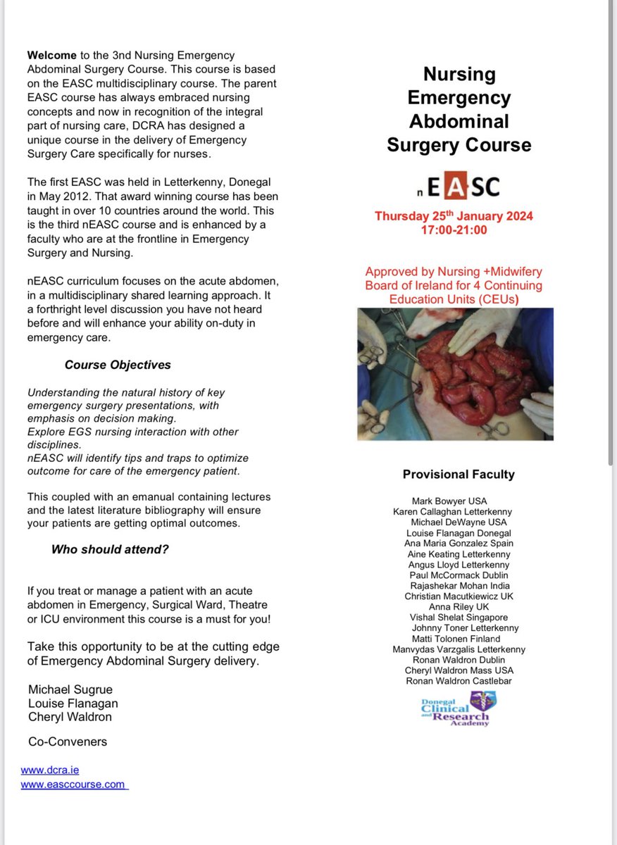 Anna Riley (@annarileyflash) on Twitter photo ⏰ a reminder to all interested in or actively looking after emergency surgical patients (in ED, critical care, theatres or ward environments) the following course is on 25/01/24 in Dublin 🇮🇪
easccourse.com
Contact easccourse@gmail.com to book ⏰ a reminder to all interested in or actively looking after emergency surgical patients (in ED, critical care, theatres or ward environments) the following course is on 25/01/24 in Dublin 🇮🇪
easccourse.com
Contact easccourse@gmail.com to book