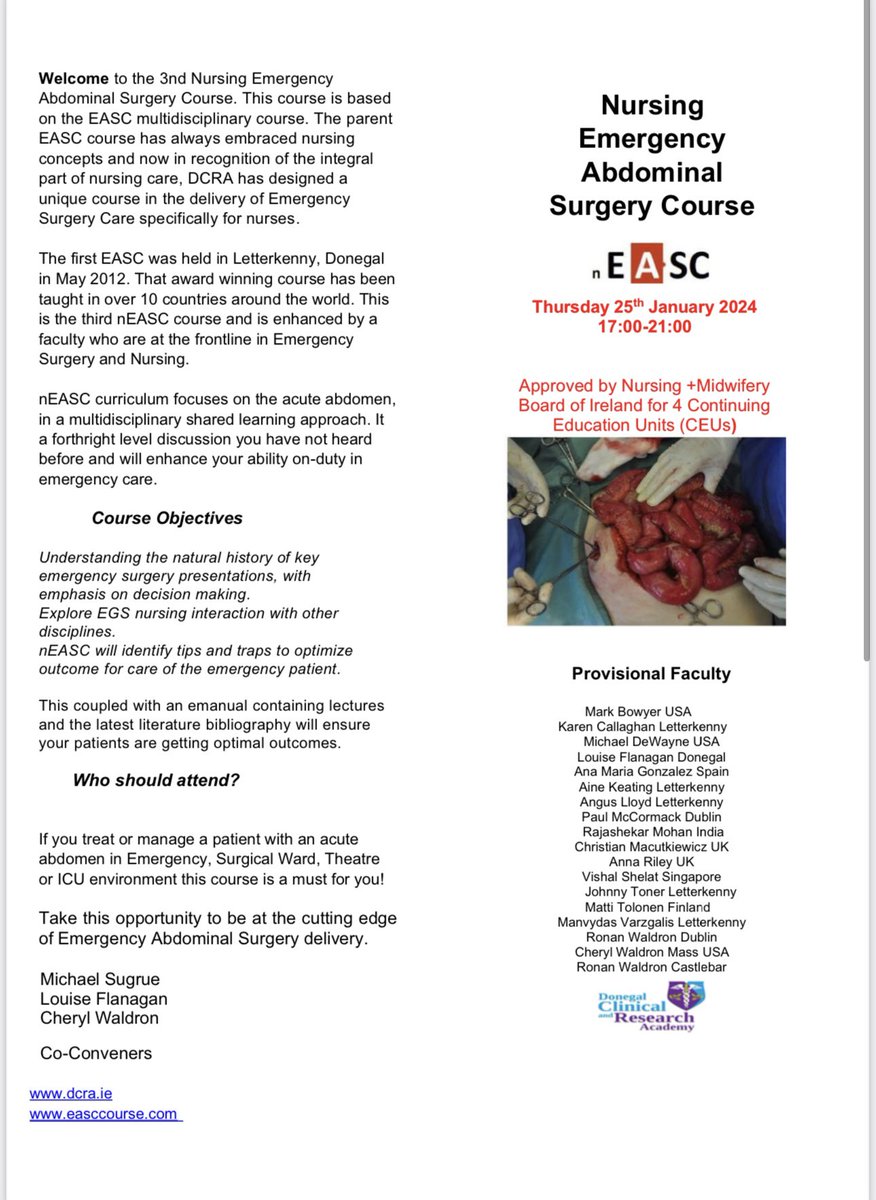 ⏰ a reminder to all interested in or actively looking after emergency surgical patients (in ED, critical care, theatres or ward environments) the following course is on 25/01/24 in Dublin 🇮🇪 easccourse.com Contact easccourse@gmail.com to book