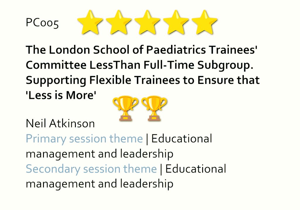 LTFT_LSP's tweet photo. 6 days until #DEMEC
Excited for an excellent programme and to discuss our poster on #improvingworkinglives & #LTFT in London Paediatrics (& beyond) ๐
(Excuse the gratuitous self proclaimed 5 star / 2 trophy rating) ๐
Our website: https://t.co/VgiJeCrQMy https://t.co/4pDesLCIO7