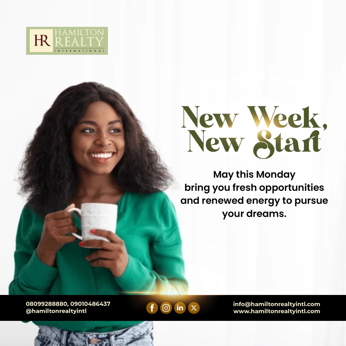 HamiltonRealtyI's tweet photo. New week, new beginnings.
May this Monday bring you fresh opportunities and renewed energy to pursue your dreams.
Contact us to know more about our services: http://hamiltonrealtyintl.comYou won’t be disappointed! #hamiltonrealty #realestate #realtor #realestateagent #home https://t.co/4pfBuhy9q8