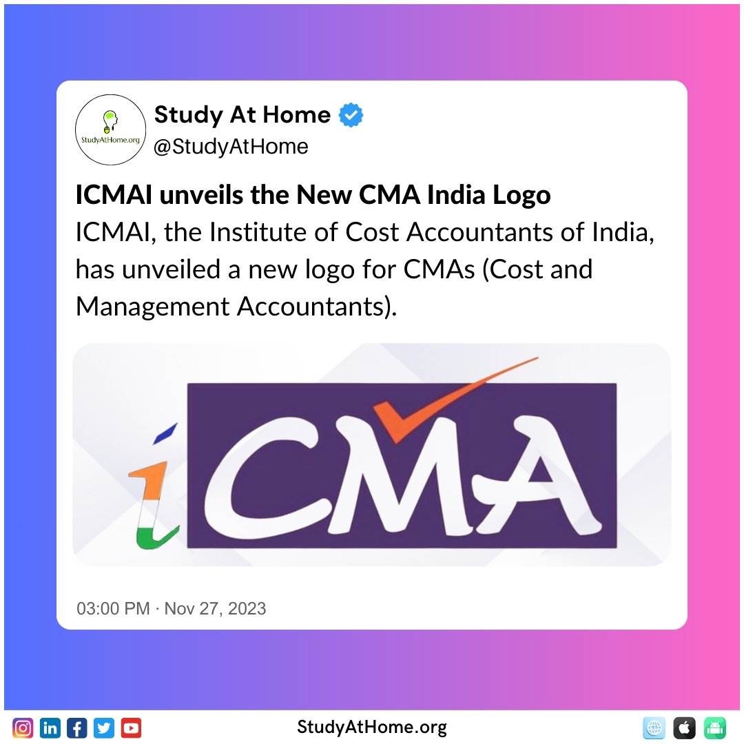 StudyAtHome_org's tweet photo. ICMAI unveils a new logo for its members, CMAs (Cost and Management Accountants).
.
.
#icmai #cma #cmastudents #cmaaspirants #cmanews #cmaupdates #StudyAtHome https://t.co/XYIh6a9jvt