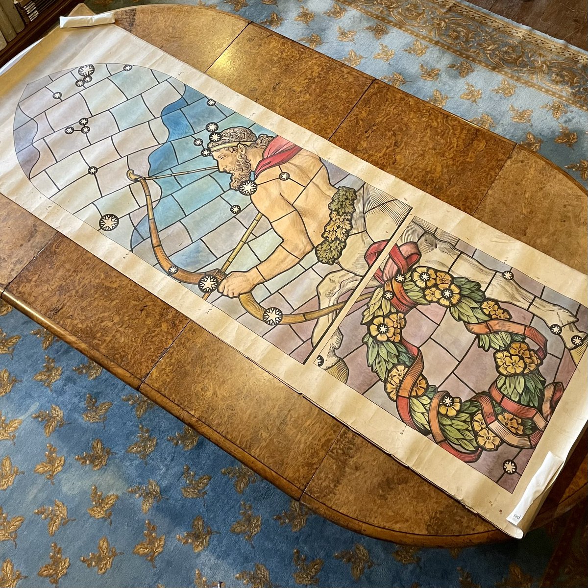 This cartoon represents Sagittarius and is part of Mount Stuart’s Marble Hall  Zodiac Windows: 1 of 24 designs created by Horatio W. Lonsdale in the late 1880s ✨ Each cartoon spans an amazing 292cm in height and showcases Lonsdale’s remarkable skill #ExploreYourArchive #EYABig