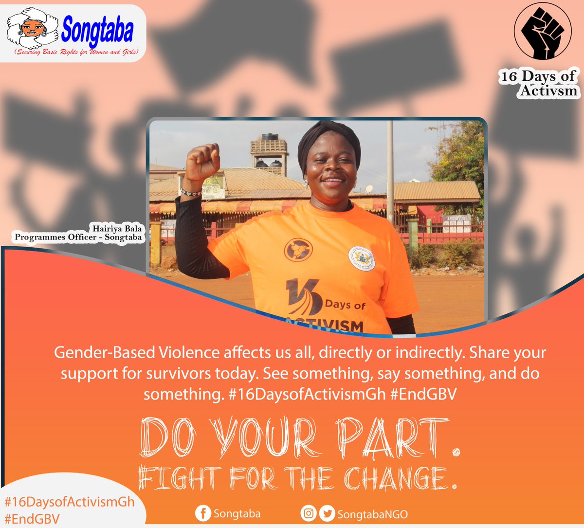 SongtabaNGO's tweet photo. Gender-Based Violence affects us all, directly or indirectly. Share your support for survivors today.
#SeeSomething, #saysomething, and #dosomething.
#16daysofactivismgh #EndGBV
@USEmbassyGhana
@LamnatuAdam @PowerToYouthGh @MoGCSP_Ghana https://t.co/Yp6jucnVRa