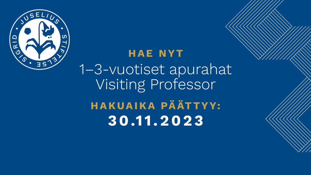 Vielä ehdit jättää hakemuksen! 1–3-vuotisten ja Visiting Professor -apurahojen haku on auki to 30.11. asti. 

Lue lisää ja hae: sigridjuselius.fi/haettavat-apur…

#sigridjuseliuksensäätiö #apuraha #säätiötekoja